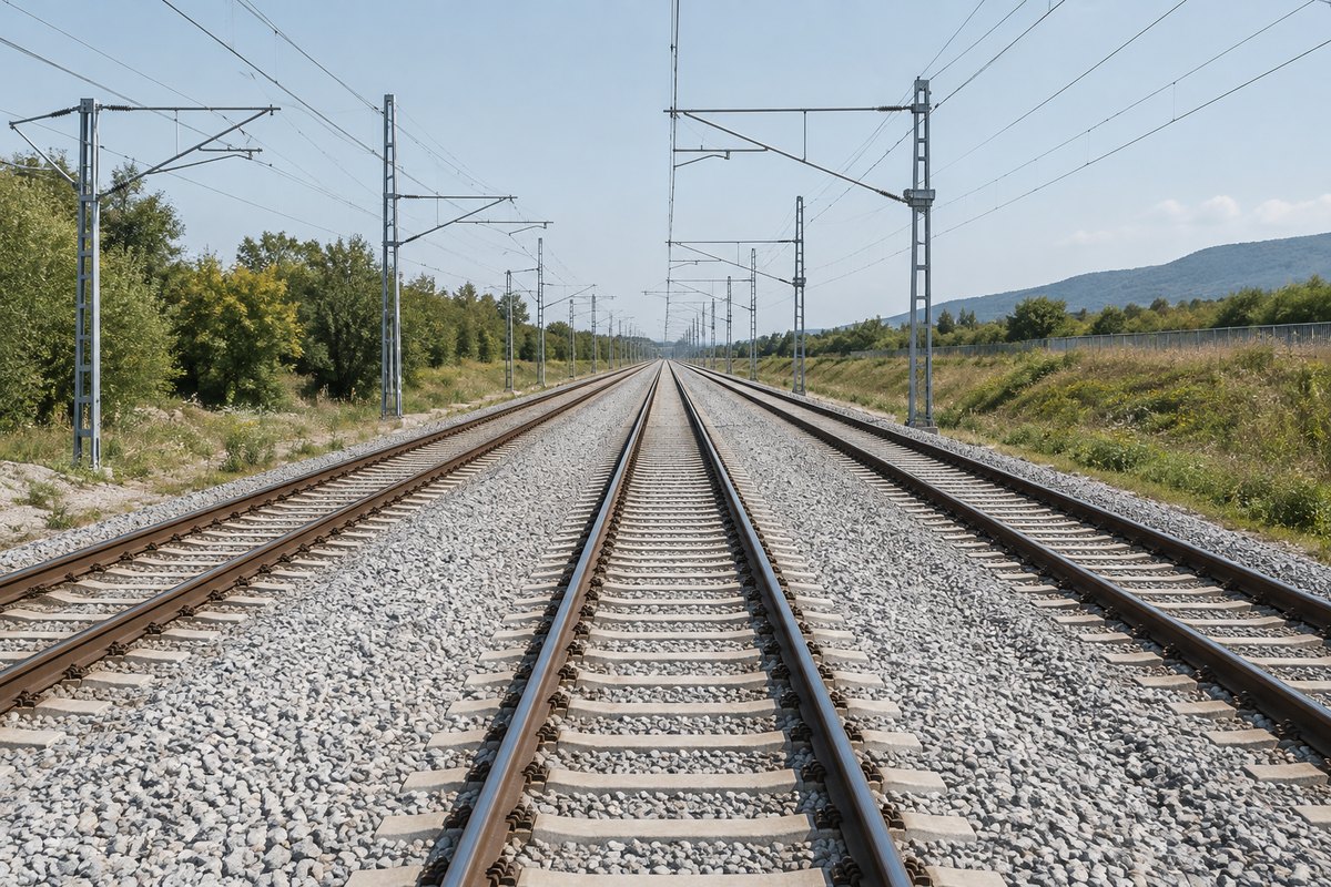 Három párhuzamos, üres vágány, sápadt ágyazat, felülről, jelölés nélkül